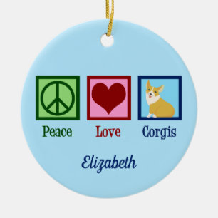 Peace Love Corgis Cute Blue Custom Corgi Christmas Ceramic Ornament
