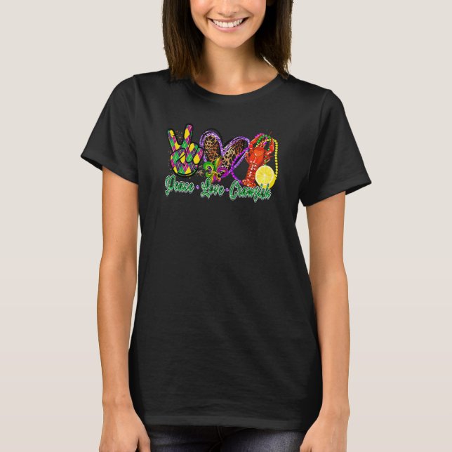 Peace Love Crawfish Mardi Gras Leopard Heart Festi T-Shirt (Front)