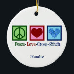 Peace Love Cross Stitch Cute Personalized Ceramic Ornament<br><div class="desc">Cute cross stitching ornament gift for someone who loves to create things. This custom Peace Love Cross Stitch gift features a peace sign,  heart,  and a pretty cross-stitch pattern heart.</div>