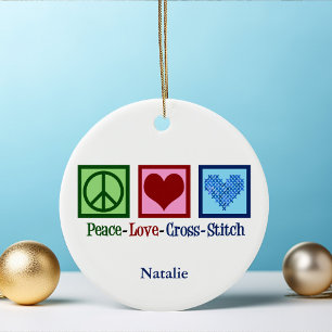 Peace Love Cross Stitch Cute Personalized Ceramic Ornament