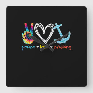Peace Love Cruising Ship Floating Ocean Tie Dye Square Wall Clock