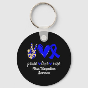 Peace Love Cure Ataxia Telangiectasia Blue Ribbon Keychain