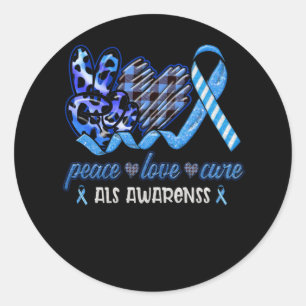 Peace Love Cure Blue And White Ribbon ALS Month Classic Round Sticker