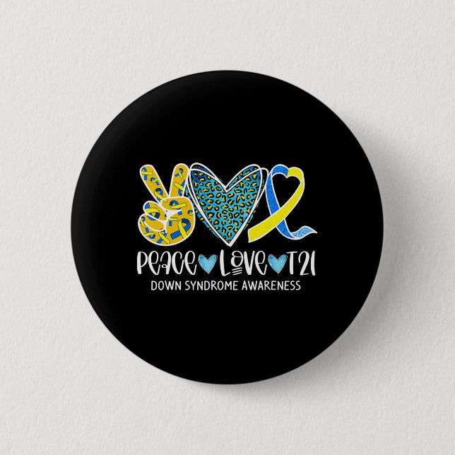 Peace Love Cure Blue & Yellow Ribbon Down Syndrome 2 Inch Round Button (Front)
