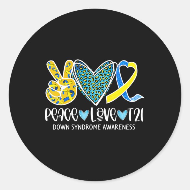 Peace Love Cure Blue & Yellow Ribbon Down Syndrome Classic Round Sticker (Front)