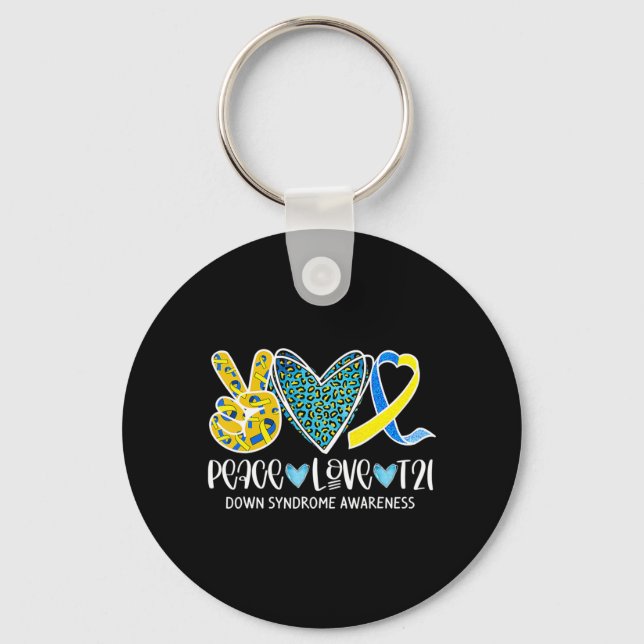 Peace Love Cure Blue & Yellow Ribbon Down Syndrome Keychain (Front)