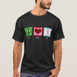 Peace Love Cure Breast Cancer T-Shirt<br><div class="desc">Peace sign,  heart,  and the breast cancer ribbon on black shirts.</div>