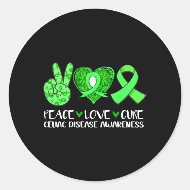 Peace Love Cure Celiac Disease Awareness Green Rib Classic Round Sticker (Front)