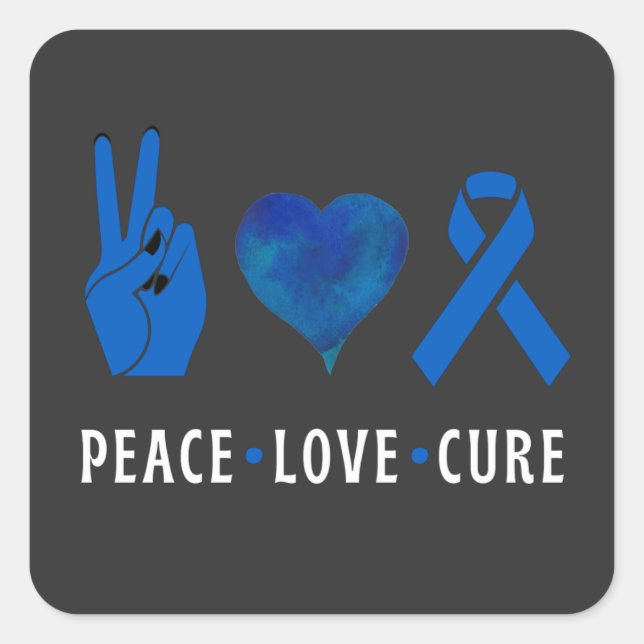 Peace Love Cure , Colon Cancer Awareness T-Shirt T Square Sticker (Front)