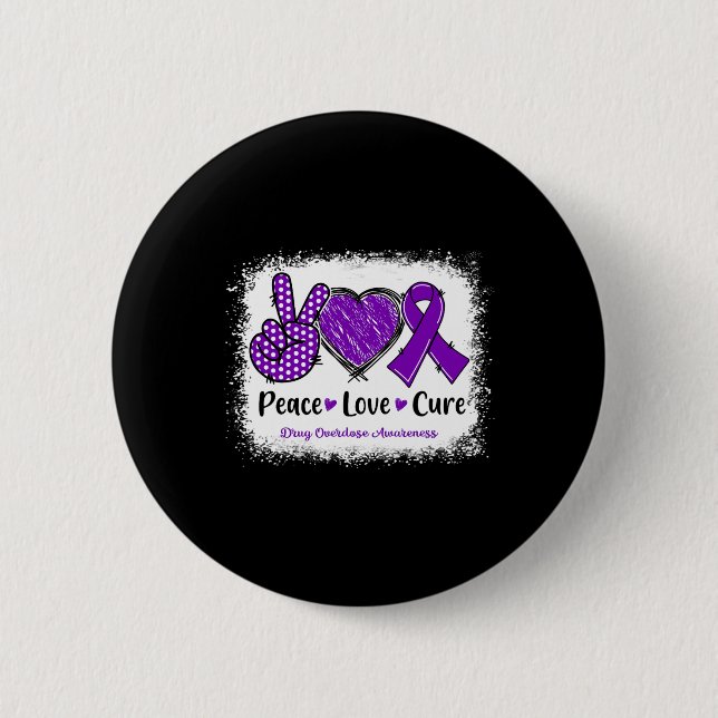 Peace Love Cure Drug Overdose Awareness Purple Rib 2 Inch Round Button (Front)