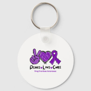 Peace Love Cure Drug Overdose Awareness Purple Rib Keychain