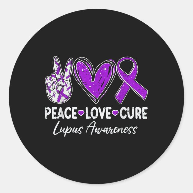 Peace Love Cure Lupus Awareness Warrior Purple Rib Classic Round Sticker (Front)