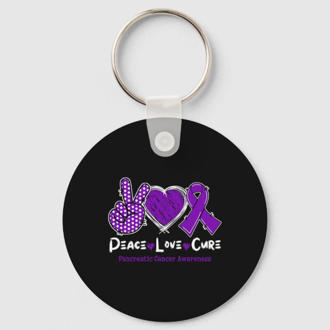 Peace Love Cure Pancreatic Cancer Awareness Purple Keychain (Front)
