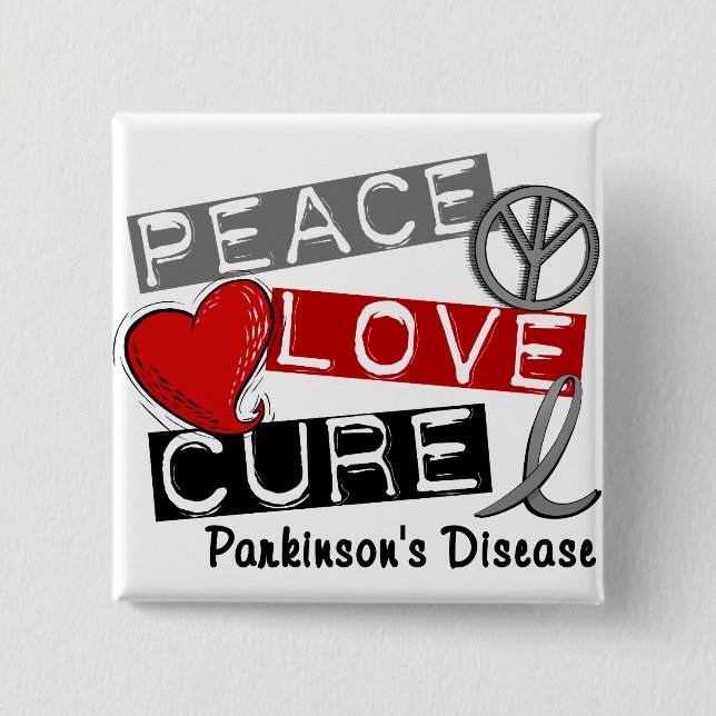 PEACE LOVE CURE PARKINSONS DISEASE 2 INCH SQUARE BUTTON (Front)