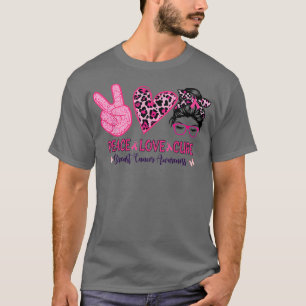 Peace Love Cure Pink Leopard Messy Bun Breast Canc T-Shirt