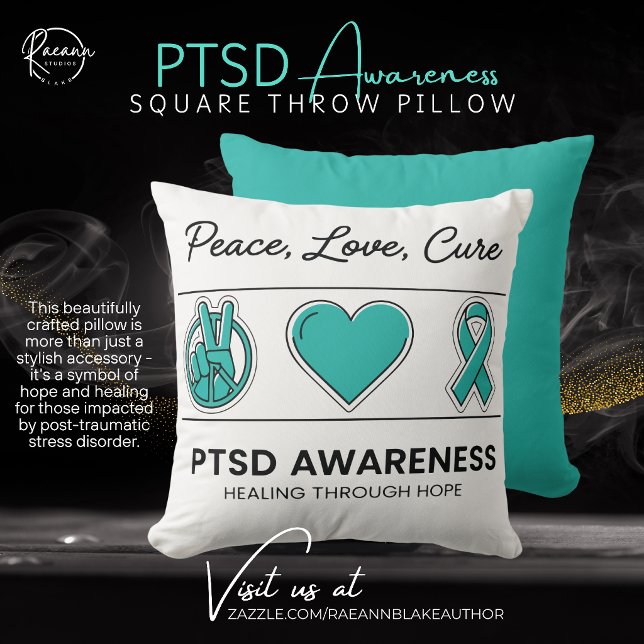 Peace, Love, Cure PTSD Awareness Square Throw Pillow (Creator Uploaded)