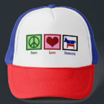 Peace Love Democrat Trucker Hat<br><div class="desc">Cute gift for a liberal. A peace sign, a red heart, and a blue democrat donkey.</div>