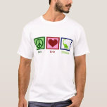 Peace Love Dinosaurs T-Shirt<br><div class="desc">Dinosaurs are so cool. A peace sign,  heart,  and a cute green dinosaur in a blue square on a dino tee. Neat paleontology t-shirt if you like dinosaurs.</div>
