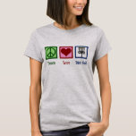 Peace Love Disc Golf T-Shirt<br><div class="desc">A cute disc golfing Christmas gift featuring a peace sign,  heart,  and flying disc golf baskets used by a golfer. Cool disc golf course present.</div>