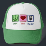 Peace Love Disc Golf Trucker Hat<br><div class="desc">A cute disc golfing Christmas gift featuring a peace sign, heart, and flying disc golf baskets used by a golfer. Cool disc golf course present.</div>