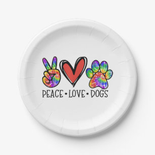 Peace Love Dogs Paws Tie Dye Rainbow Animal Rescue Paper Plate