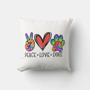Peace Love Dogs Paws Tie Dye Rainbow Animal Rescue Throw Pillow