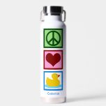 Peace Love Ducks Cute Personalized Duck Water Bottle<br><div class="desc">Personalized pretty gift for someone who loves a duck team mascot. A green peace sign,  redheart,  and a cute yellow rubber ducky. Peace Love Ducks water bottle.</div>