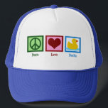 Peace Love Ducks Trucker Hat<br><div class="desc">Perfect pretty gift for someone who loves ducks or baby friendly presents. A green peace sign, redheart, and a cute yellow rubber ducky.</div>