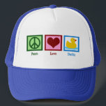 Peace Love Ducks Trucker Hat<br><div class="desc">Perfect pretty gift for someone who loves ducks or baby friendly presents. A green peace sign,  redheart,  and a cute yellow rubber ducky.</div>