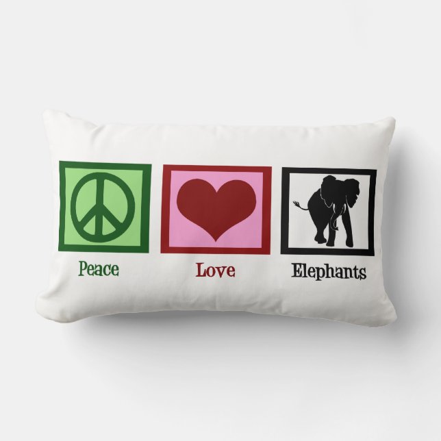 Peace Love Elephants Lumbar Pillow (Front)
