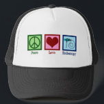 Peace Love Endoscopy Trucker Hat<br><div class="desc">Peace Love Endoscopy. A cute gift featuring a peace sign, heart, and endoscope used in medical procedures to scope a patient.</div>