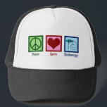 Peace Love Endoscopy Trucker Hat<br><div class="desc">Peace Love Endoscopy. A cute gift featuring a peace sign, heart, and endoscope used in medical procedures to scope a patient.</div>