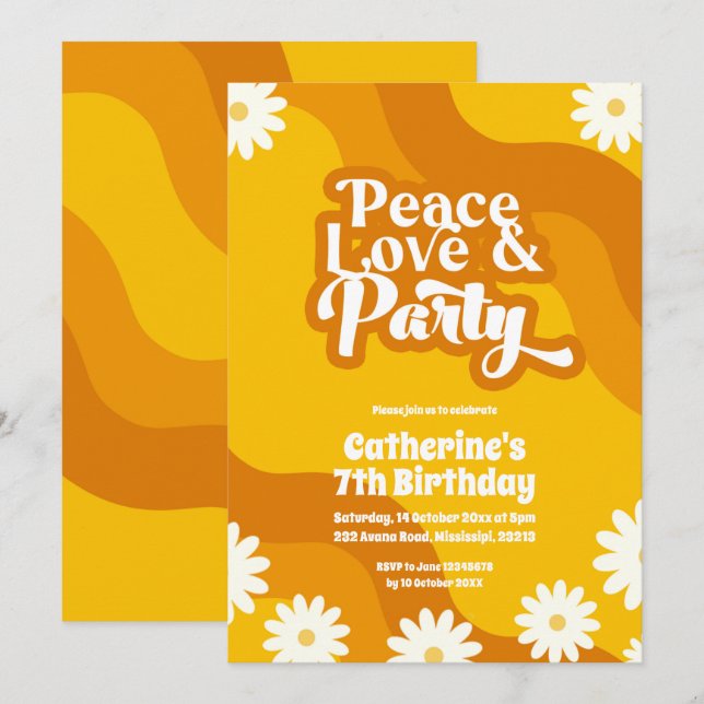 Peace Love et fête Invitation à l'anniversaire (Devant / Derrière)