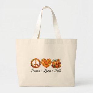 Peace, Love, Fall – Cozy Autumn Vibes with Pumpkin Large Tote Bag