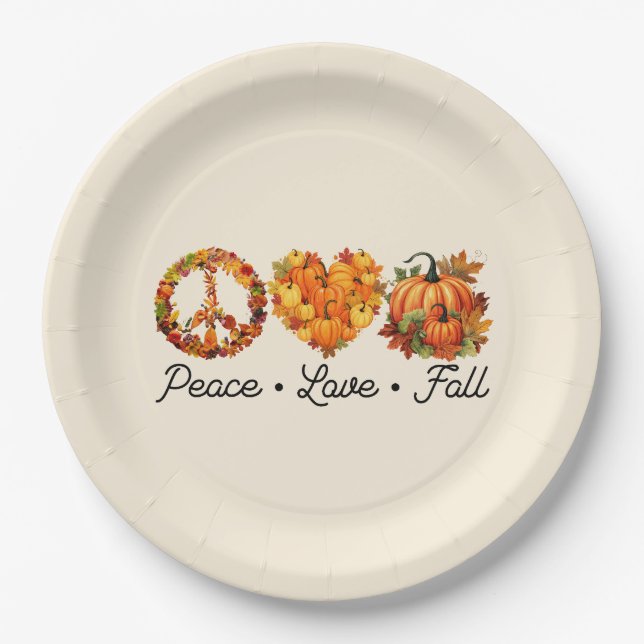Peace, Love, Fall – Cozy Autumn Vibes with Pumpkin Paper Plate (Front)