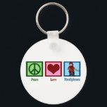 Peace Love Firefighters Keychain<br><div class="desc">A peace sign,  heart,  and a fireman holding a water hose.</div>