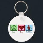 Peace Love Firefighters Keychain<br><div class="desc">A peace sign,  heart,  and a fireman holding a water hose.</div>