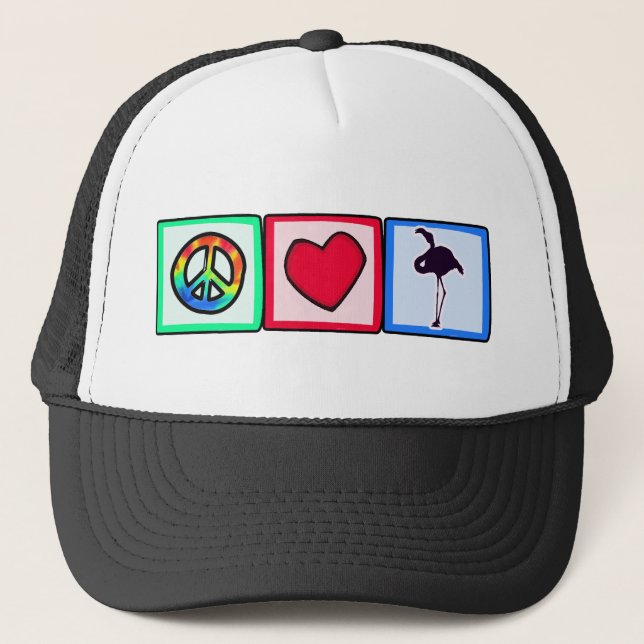 Peace, Love, Flamingos Trucker Hat (Front)
