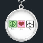 Peace Love Fly Silver Plated Necklace<br><div class="desc">A peace sign,  heart,  and an airplane. This is a cute gift for a pilot,  flight attendant,  or someone who likes to travel.</div>