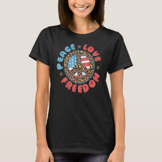 Peace Love Freedom Peace Sign Hippie Usa Flag 4th  T-Shirt