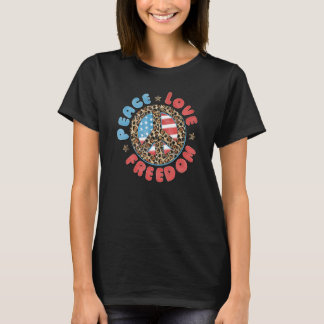 Peace Love Freedom Peace Sign Hippie Usa Flag 4th  T-Shirt