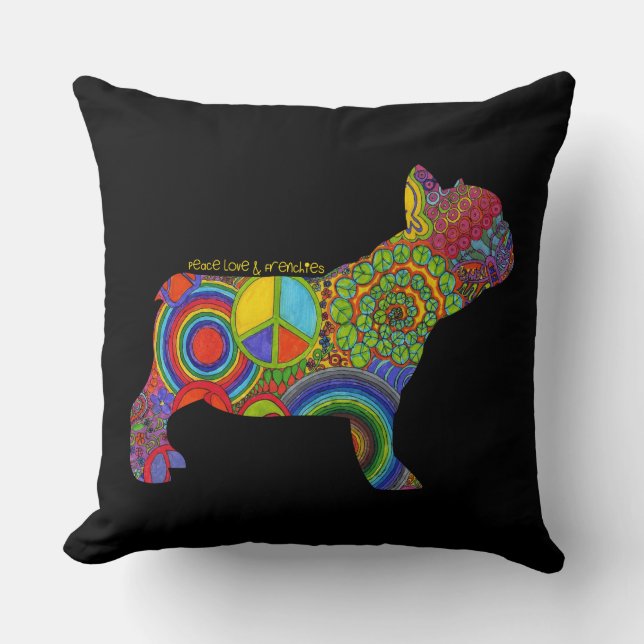 "Peace Love & Frenchies" Pop Art Pillow (Front)