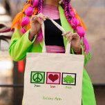 Peace Love Frogs Cute Custom Frog Lover Tote Bag<br><div class="desc">Adorable little green frog next to a peace sign and a red heart. I love cute personalized frog gifts like this pretty Peace Love Frogs tote bag.</div>