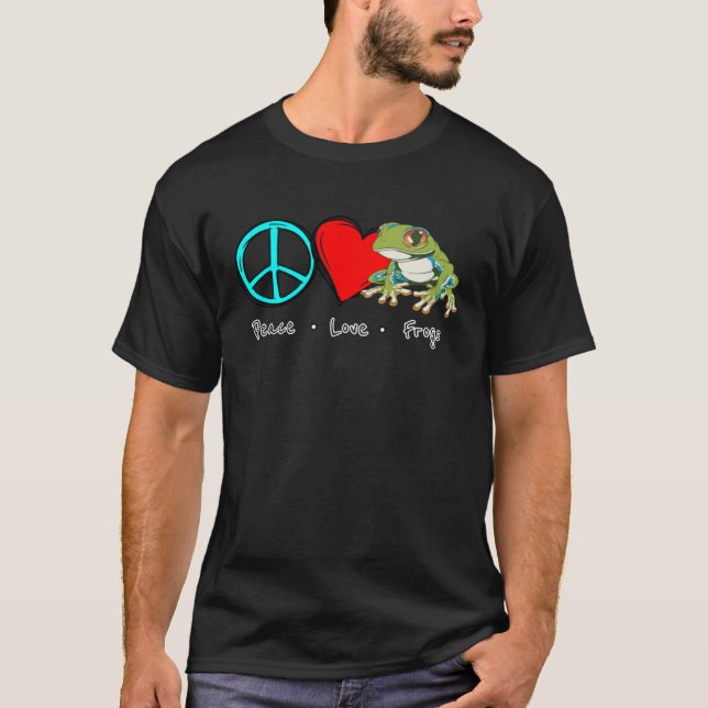 Peace, Love, Frogs Green frog saying with tree fro T-Shirt (Front)