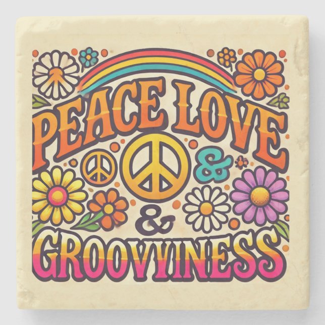 Peace, Love, & Grooviness Stone Coaster (Front)
