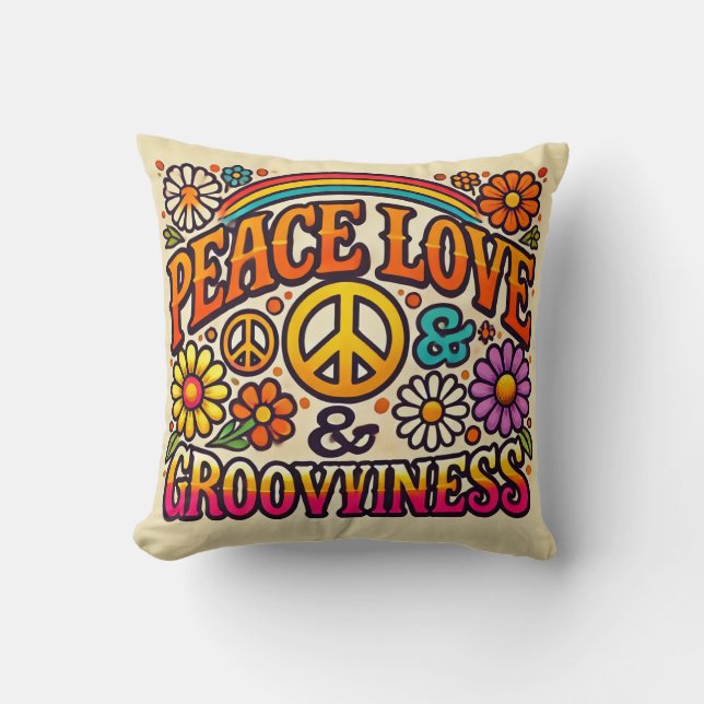 Peace, Love, & Grooviness Throw Pillow (Front)