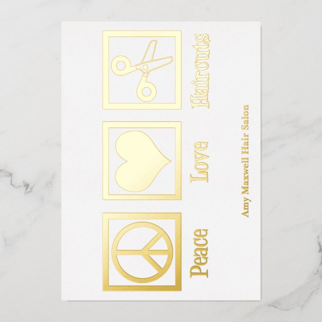 Peace Love Haircuts Custom Hair Stylist Salon Gold Foil Holiday Card (Front)