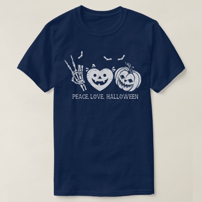 Peace Love Halloween Hand, Heart Pumpkin  T-Shirt (Design Front)