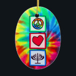 Peace, Love, Hanukkah Ceramic Ornament<br><div class="desc">You will love this groovy tie dye peace, love, Jewish Hanukkah Menorah design. Great for gifts! Available on tee shirts, smart phone cases, mousepads, keychains, posters, cards, electronic covers, computer laptop / notebook sleeves, caps, mugs, and more! Visit our site for a custom gift case for Samsung Galaxy S3, iphone...</div>