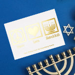 Peace Love Hanukkah Custom Elegant Gold Foil Holiday Card<br><div class="desc">An elegant Peace Love Hanukkah card for a Jewish person who likes to celebrate Chanukah. A pretty peace sign, heart, and a beautiful menorah above your custom text.</div>